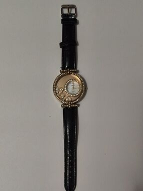 XOXO Gold Crystal Accent Black Leather Strap Women's Watch